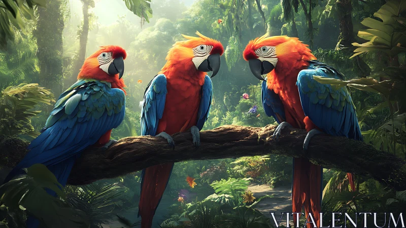 Three Scarlet Macaws on a Branch in a Lush Tropical Rainforest.