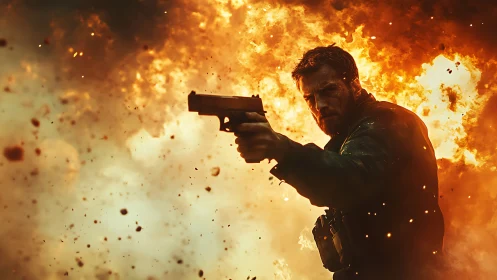 Armed soldier advances through raging explosion with fierce resolve