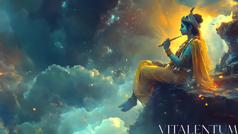 Divine musician rests above luminous stormlit clouds