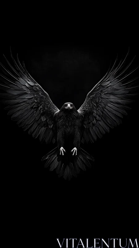 Black bird with extended wings on uniform dark background.
