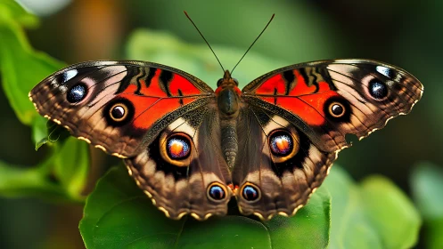 Macro study of jeweled butterfly wings on leafy perch.