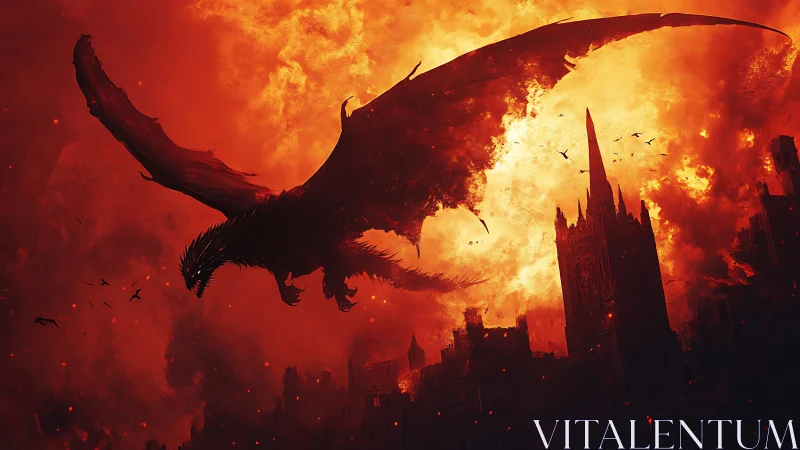 Volcanic-sky dragon over incinerated gothic citadel panorama.