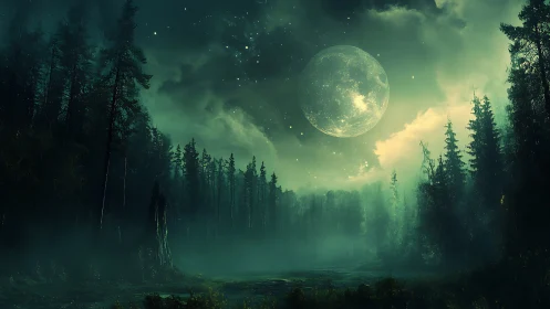 Moonlit mist over enchanted evergreen forest horizon.