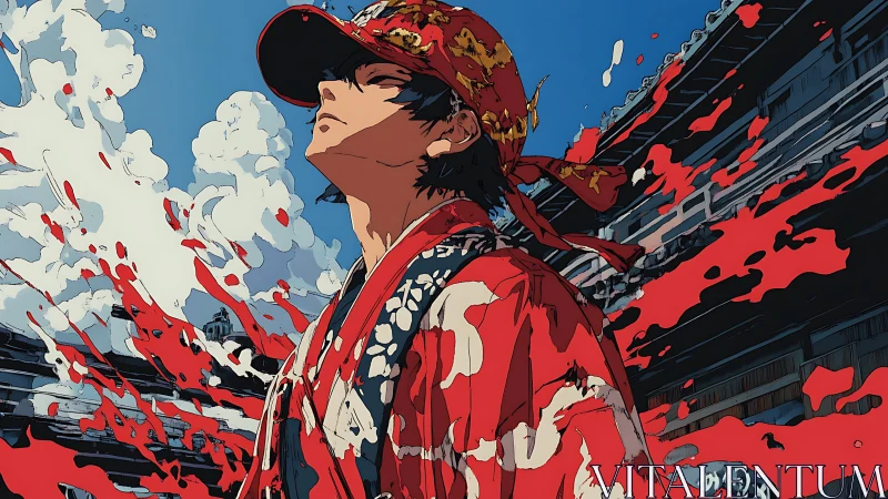 Street samurai in red kimono brews a storm of swirling paint.