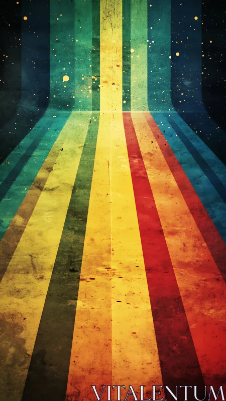 Converging retro spectrum bands form a textured tunnel corridor