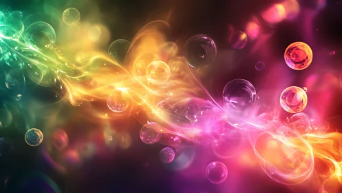 Colorful abstract light stream with floating soap bubbles.