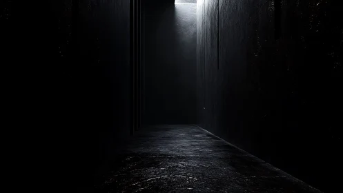 Dark concrete corridor with single overhead light beam.