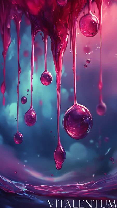 Crimson liquid orbs drift through neon cyan haze.