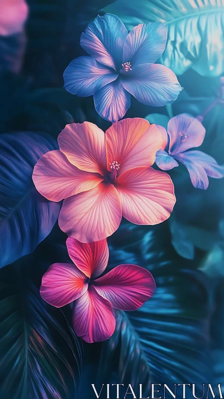 Blue and Pink Gradient Flowers Digital Art.