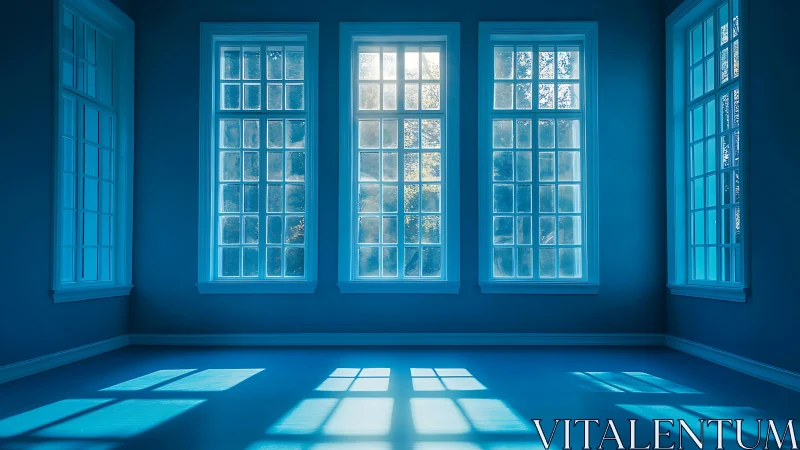 Empty blue room with tall grid windows and hard-edged sun projections
