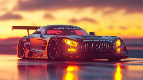 Sunset-lit Mercedes race car glows softly on a wet track