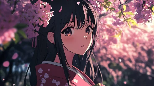 Anime girl in pink kimono under blooming cherry blossoms.