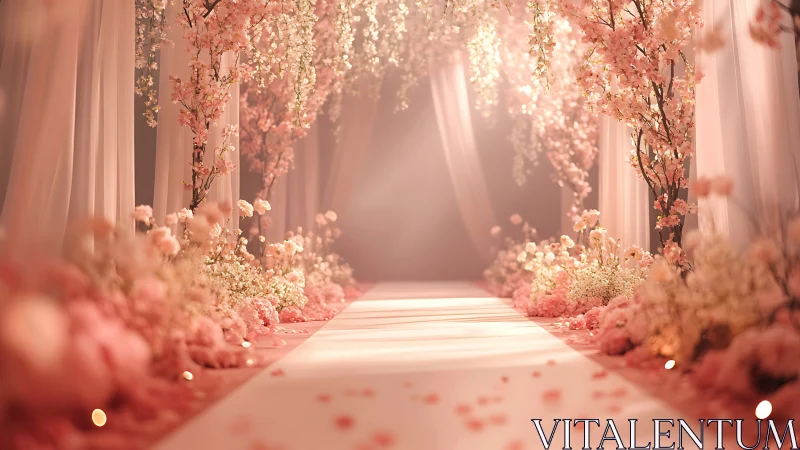 Romantic floral wedding aisle under blush cherry blossoms.