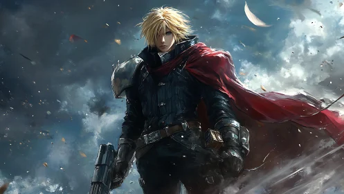 Blond warrior stands in stormy sky with red cape flowing