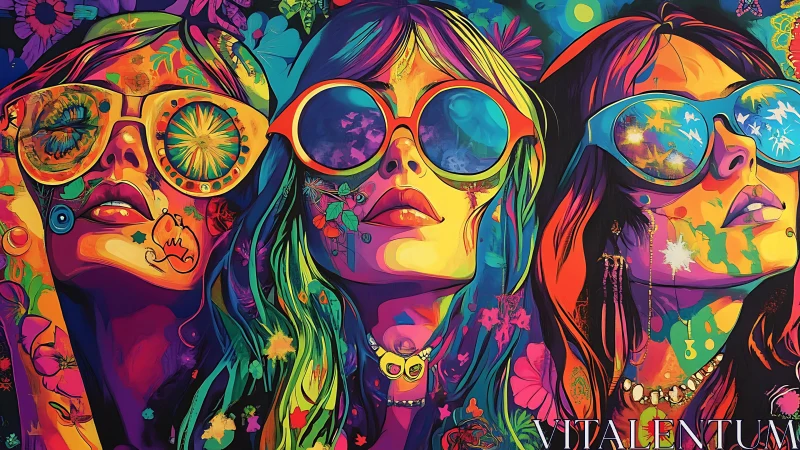 Neon-drenched trio of women in bold psychedelic sunglasses.