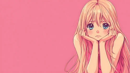 Melancholic anime girl rests on pink minimalist backdrop
