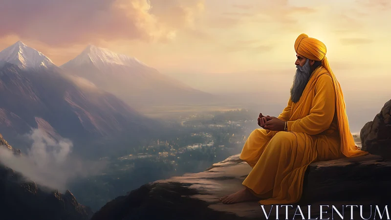 Solitary sage in saffron meditating above misty mountain valley