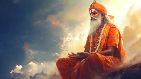 Meditating sage in saffron robes above radiant clouds