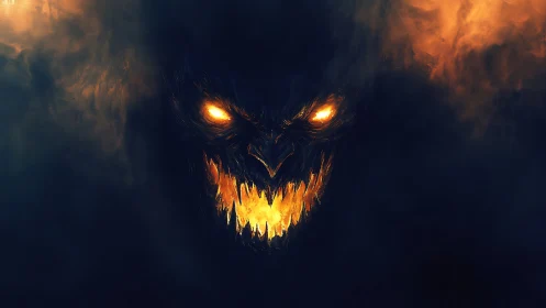 Demonic fire visage emerges from swirling obsidian smoke.