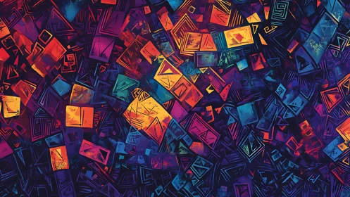 Geometric neon shards collide over deep indigo background