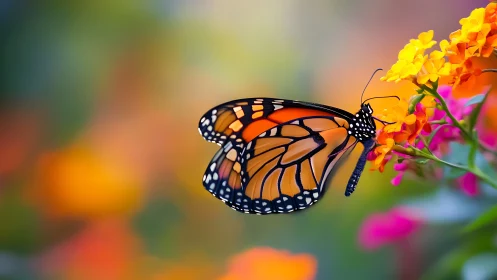 Monarch butterfly grips vivid lantana blooms in sunlight.