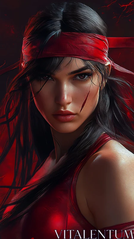Woman with red headband and scratches in red-toned portrait.