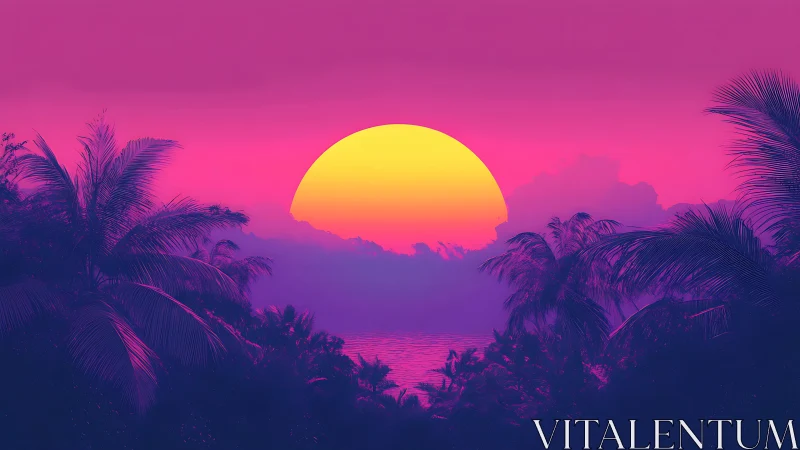 Neon tropical sunset silhouettes bold magenta sky glow.
