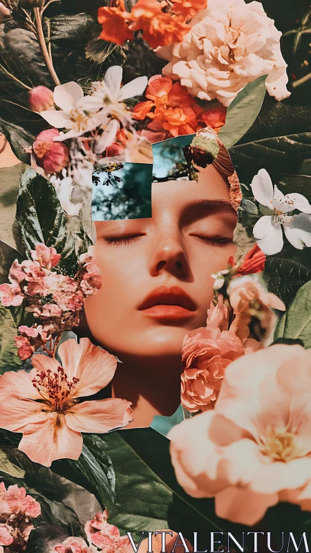 Surreal floral portrait collage with immersive layered composition.