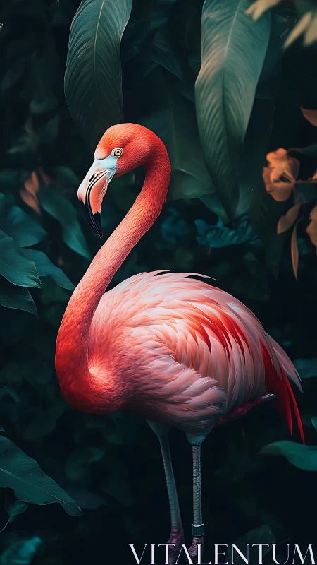 Graceful pink flamingo resting quietly in lush green leaves.