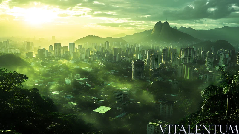 Emerald city skyline under misty sunrise light glow.