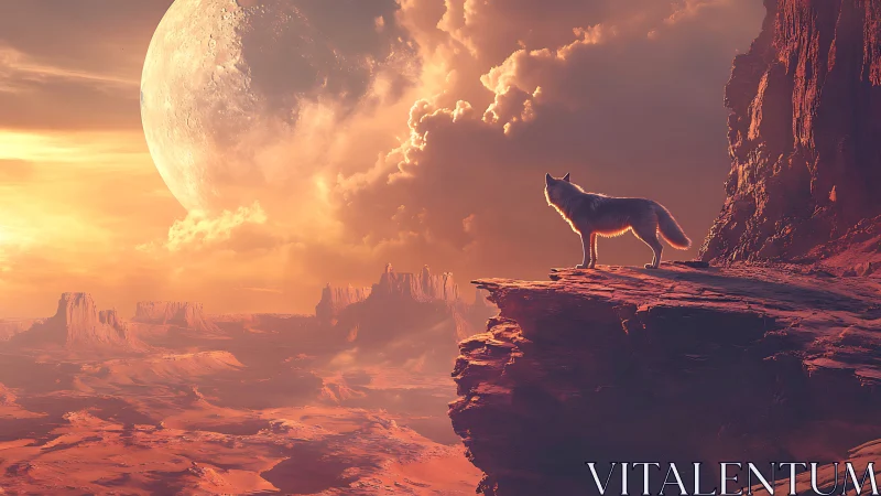 Lone lunar wolf surveying a molten desert sky at dawn.