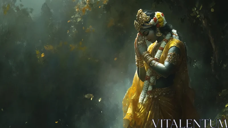 Divine figure in golden robes praying amid misty forest light.