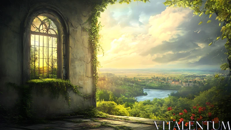 Sunlit ruin window opening onto a peaceful river valley.