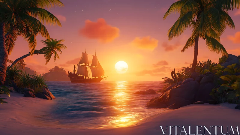 Golden Sunset Over Tropical Paradise With Historic Sailing Ship.