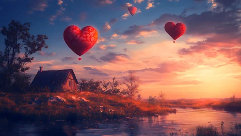 Romantic Heart Balloons Drifting Over Sunset Landscape with Rural Cottage.