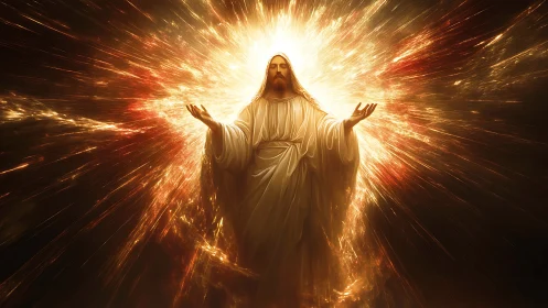 Radiant robed figure rising within a burst of golden light.