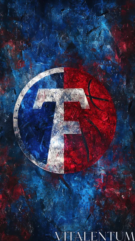 Textured red blue sports emblem with distressed T monogram.