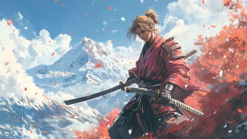 Samurai draped in autumn fire before snow crowned peaks.