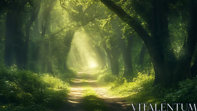 Sunlit Forest Path with Lush Greenery in Dreamy Morning Light.