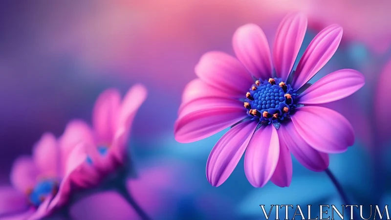 Vibrant Daisy Flowers with Blue Center and Pink Petals in Soft Focus