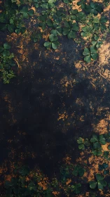 Clover foliage on dark textured ground with rust tonal specks