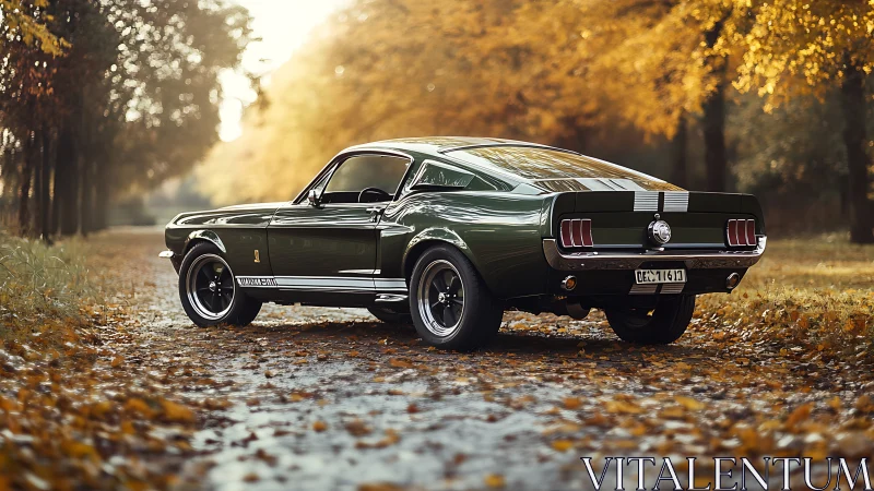 Photorealistic classic fastback on autumn forest lane, rear view.