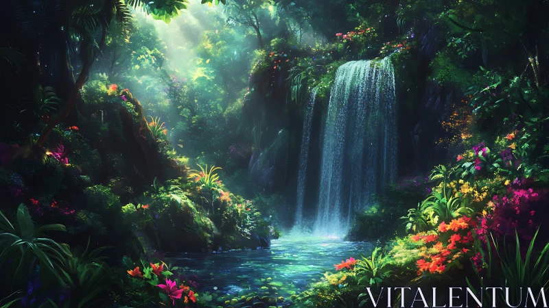Luminous jungle waterfall cradled by riotous neon blooms.