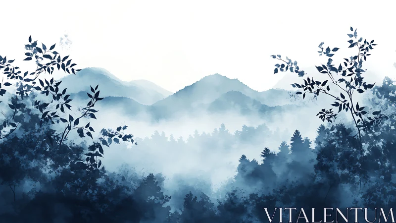 Misty Mountain Valley Landscape in Monochromatic Blue.