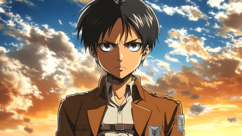 Male anime soldier character stands before detailed sunset sky