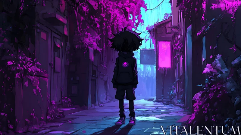 Solitary child stands in neon alley under glowing foliage