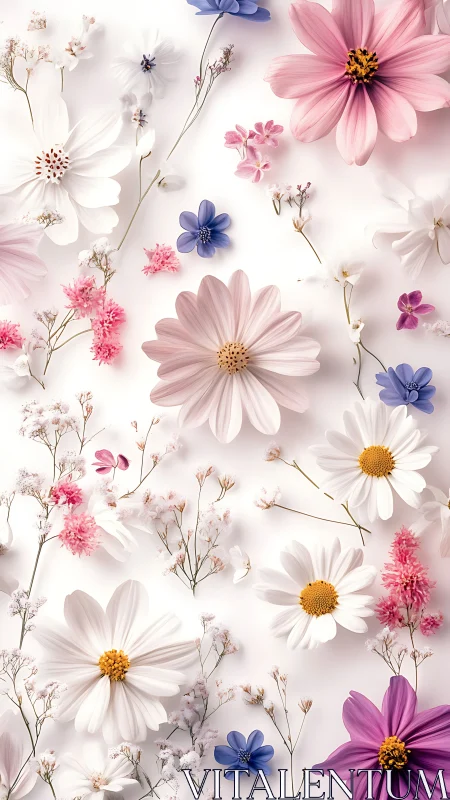 Botanical Flatlay with Pastel Florals and Delicate Arrangements.