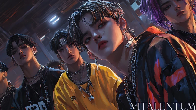 Neon-lit street collective in dynamic low-angle portrait study.