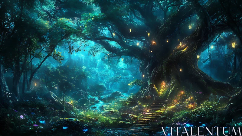 Bioluminescent Forest Cavern with Glowing Stream and Ancient Trees.