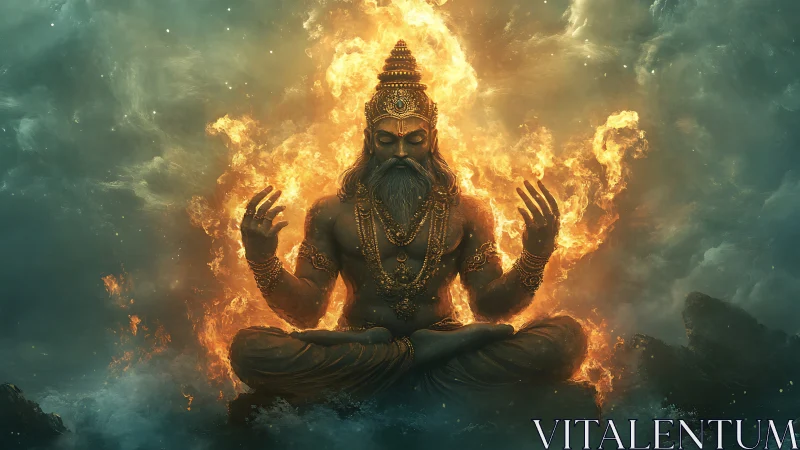 Fiery meditative deity surrounded by swirling storm clouds.